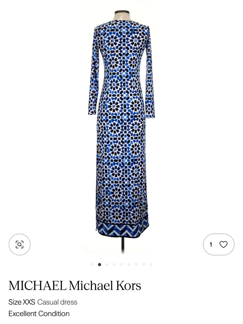 MICHAEL Michael Kors Blue and White Long-Sleeve Geometric Maxi Dress
